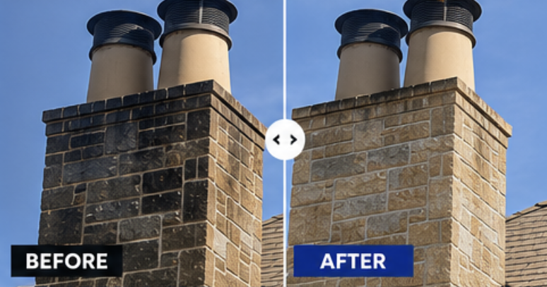 Stone chimney before and after cleaning