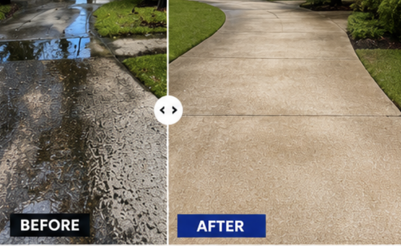 Driveway before and after professional pressure washing