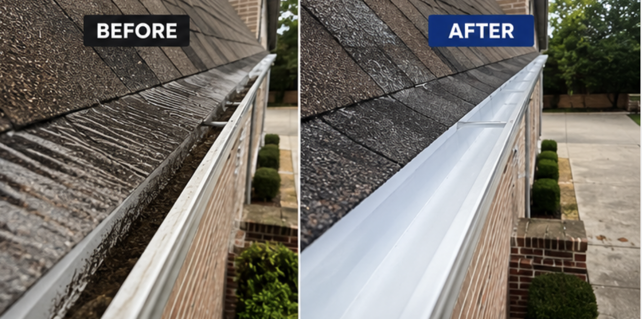 Gutter cleaning before and after