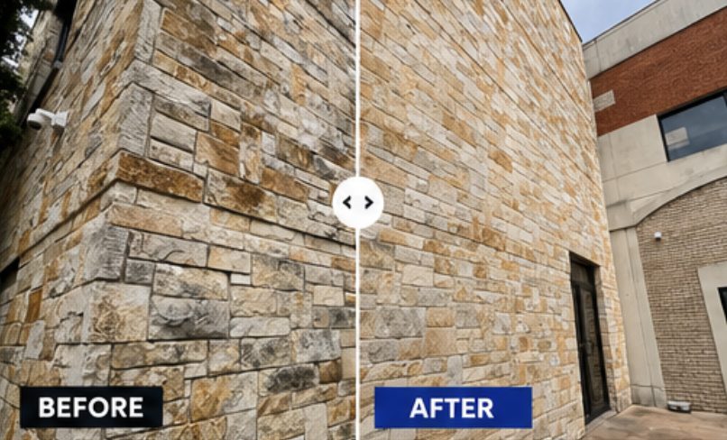 Soft washing results on an exterior wall