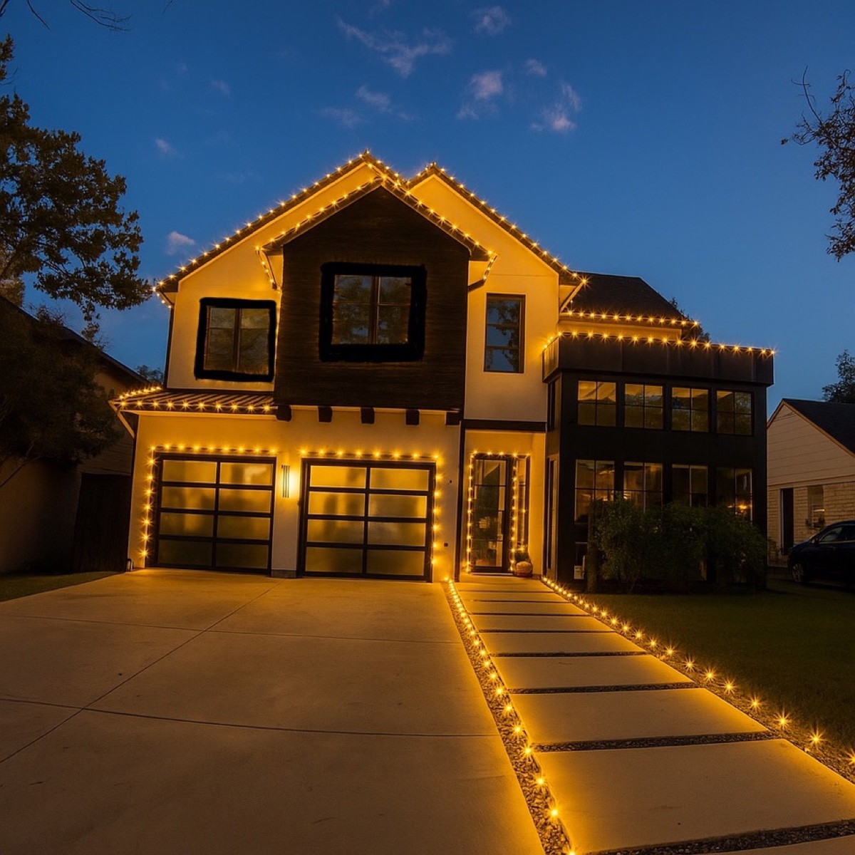 Professionally installed warm white holiday lights on a Dallas home